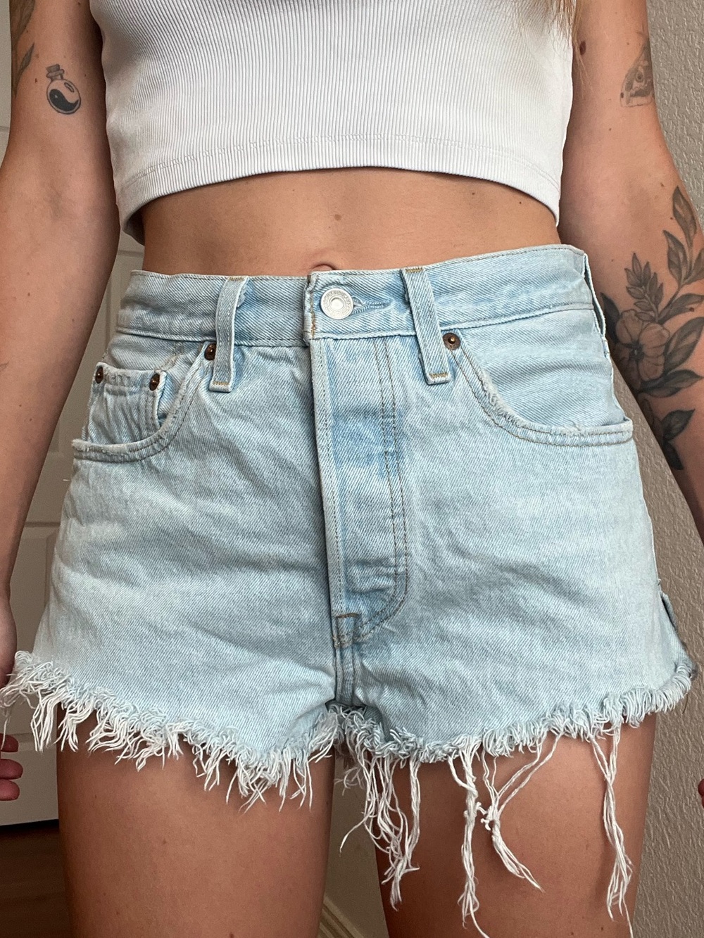 Levi's 501 Light Blue Distressed Hem Denim Shorts - Women